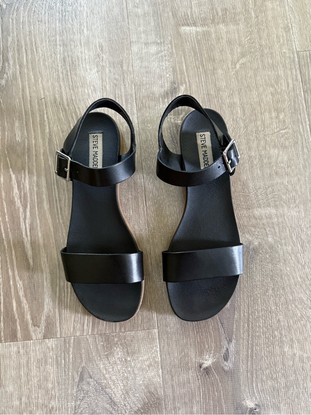 Steve Madden Black Leather Double-Strap Ankle Sandals